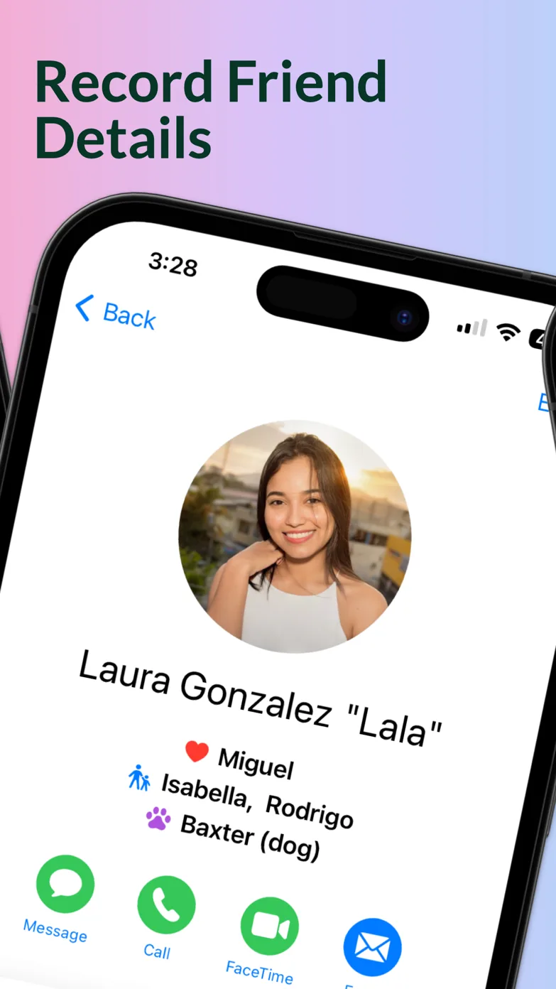 Contact profile for Laura Gonzalez 'Lala' with her photo, spouse, kids and dog names, plus Message, Call, FaceTime and Email buttons